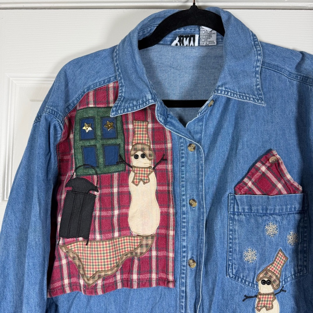 PTNY Vintage 90s Winter Theme Quilted Beaded Denim Button Down Women’s XL
